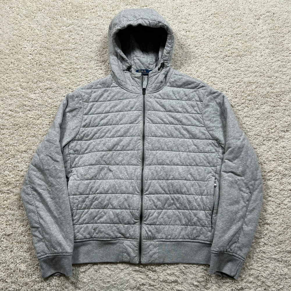 Polo Ralph Lauren Quilted Hoodie XL Gray Full Zip Sweatshirt Jacket Hybrid